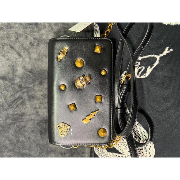 Betsey Johnson Black Leather Crossbody Bag with Gold Stud and Skull Accents - Picture 1 of 4